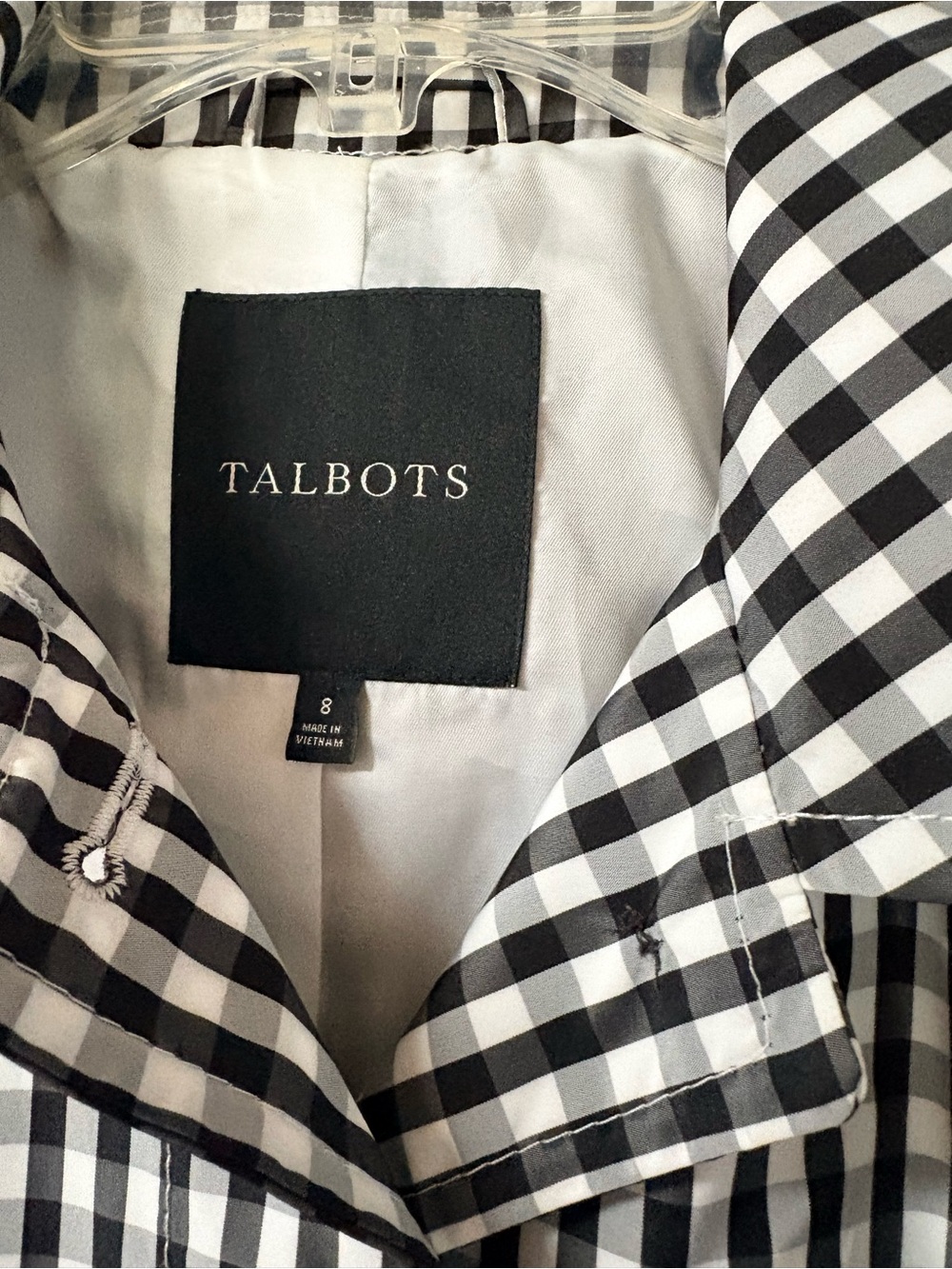 Talbots Classic Gingham Mac Black & White Button-Up Raincoat Trench Size 8 - Picture 14 of 16